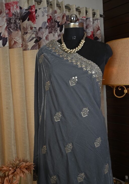 Velvet 4 side border embroided grey color