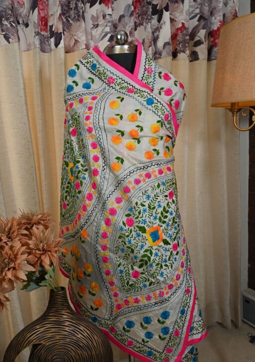 Beautiful grey chanderi dupatta with multi work hand embroidery