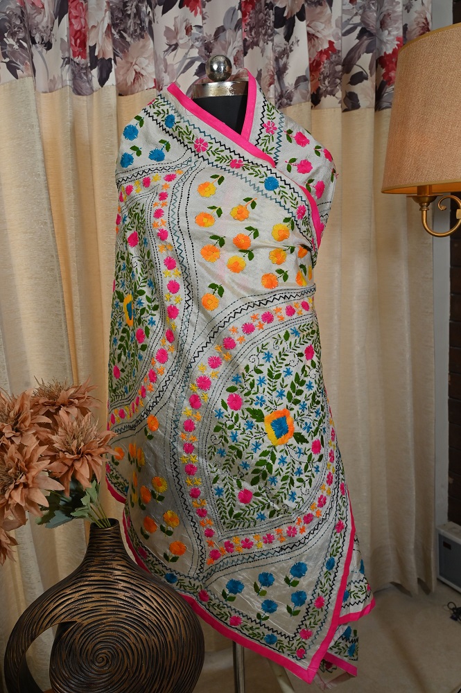 Beautiful grey chanderi dupatta with multi work hand embroidery