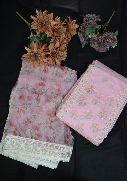 Pink cotton suit with embroided dupatta and plane bottom