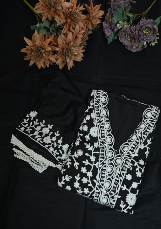 Black cotton suit with white thread work and plane bottom and embroided dupatta
