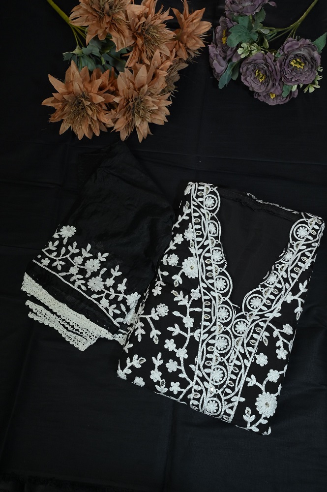 Black cotton suit with white thread work and plane bottom and embroided dupatta