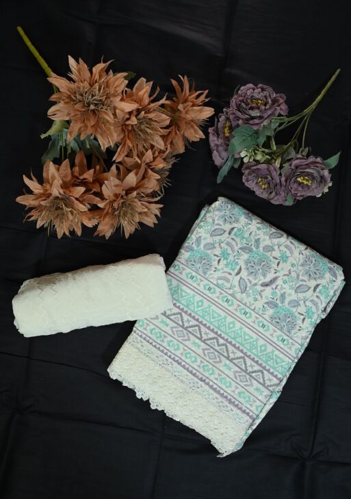 White self print and lace work shirt with embroided dupatta