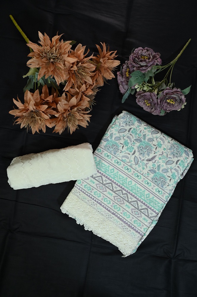 White self print and lace work shirt with embroided dupatta