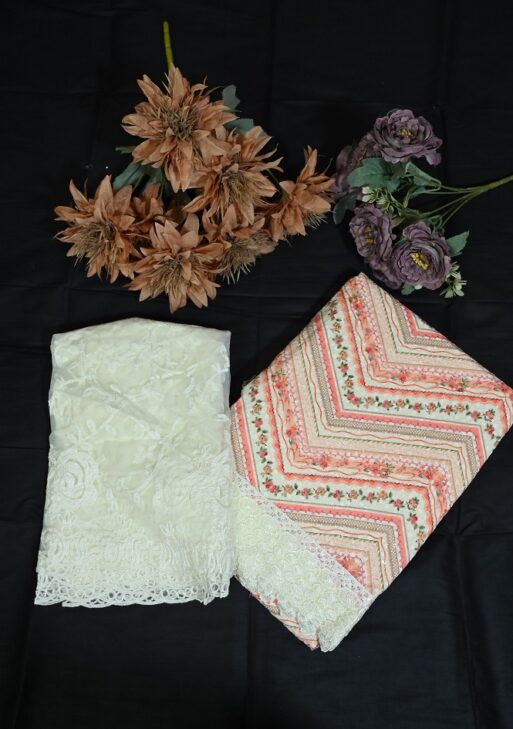 Printed suit with lace work and embroided dupatta