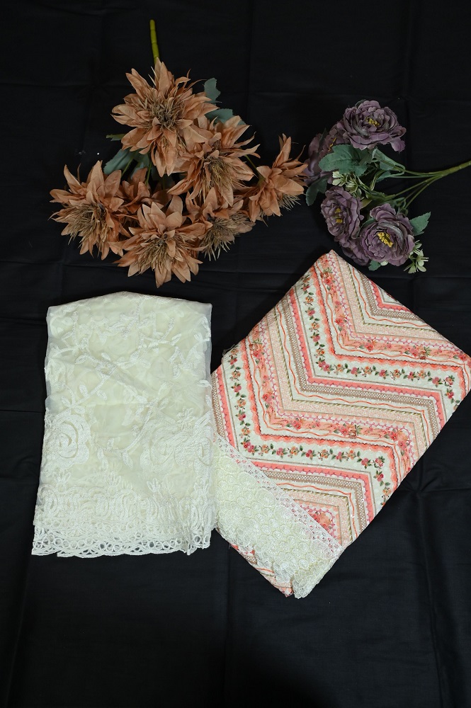 Printed suit with lace work and embroided dupatta