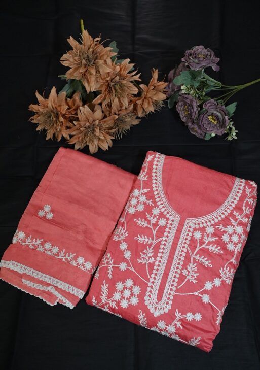 Peach suit with white thread work and embroided dupatta