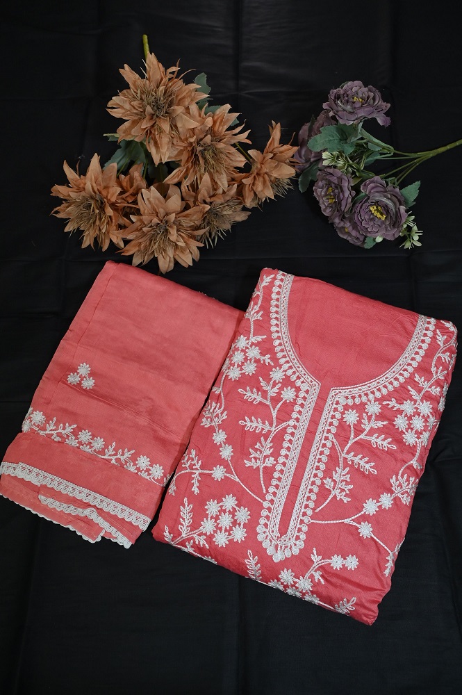 Peach suit with white thread work and embroided dupatta