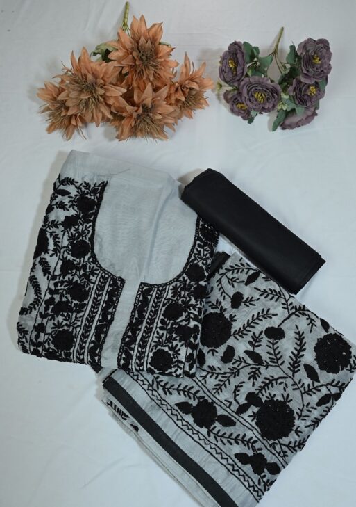 Beautiful grey suit with black embroidery Heavy Dupatta and plane bottom