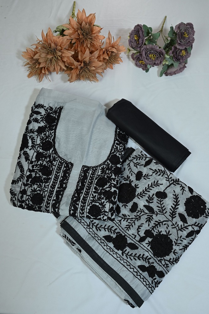 Beautiful grey suit with black embroidery Heavy Dupatta and plane bottom