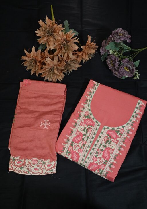 Peach suit with white embroidery on neck and embroided dupatta