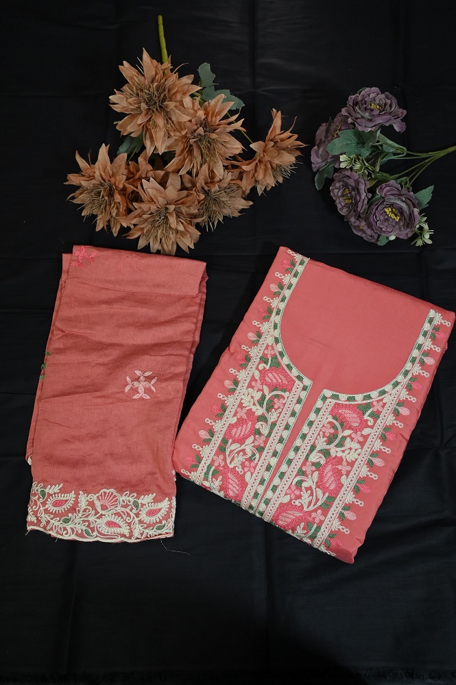 Peach suit with white embroidery on neck and embroided dupatta