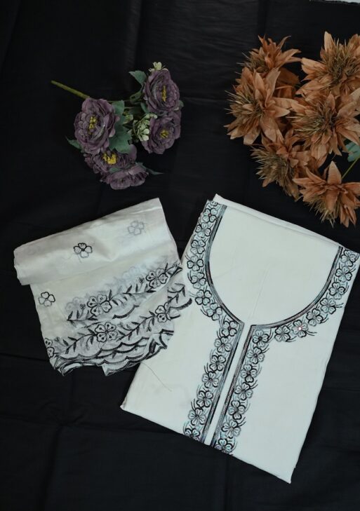 Beautiful white suit with black embroidery and embroided dupatta with plane bottom