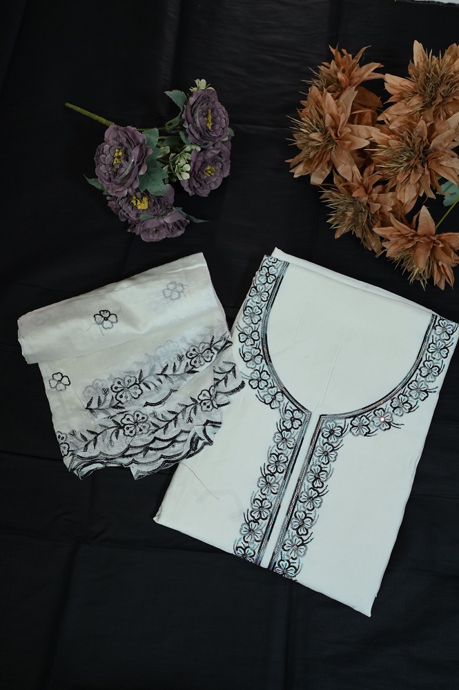 Beautiful white suit with black embroidery and embroided dupatta with plane bottom