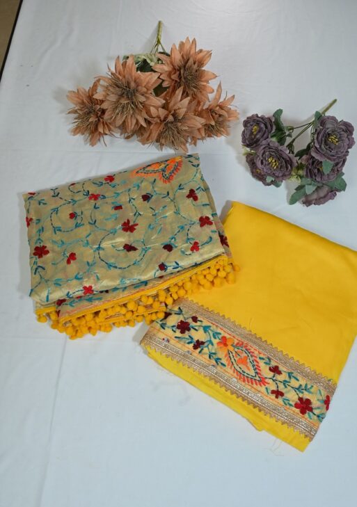 Hand work cotton suit with embroided dupatta and plane bottom