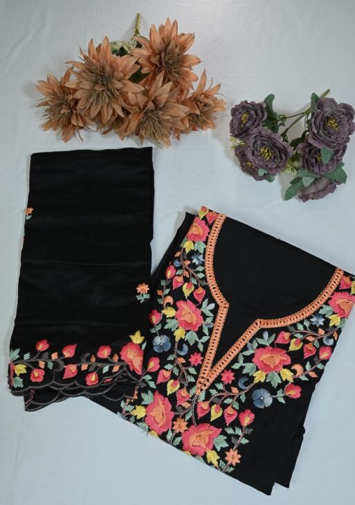 Beautiful black embroided suit with plane bottom and embroided dupatta four sided