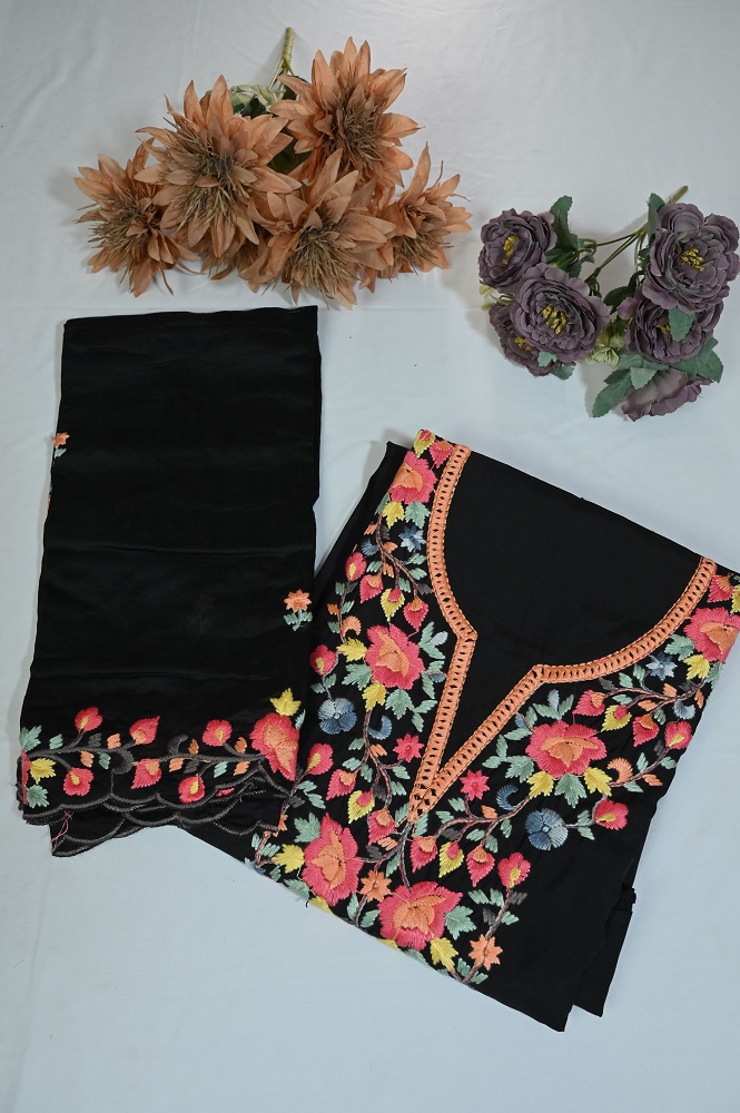 Beautiful black embroided suit with plane bottom and embroided dupatta four sided