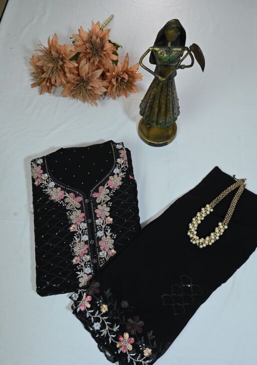 Black embroided suit with plane bottom and embroided dupatta