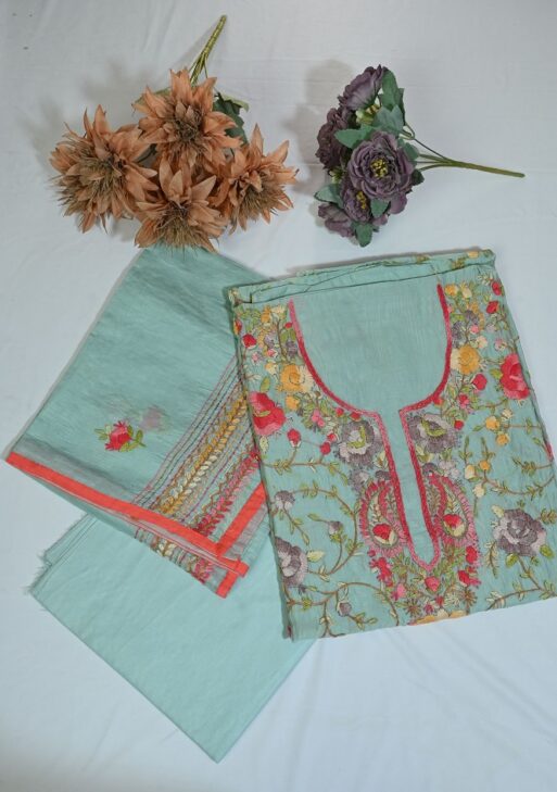 Hand embroidered chanderi cotton suit with embroidered dupatta and plane bottom