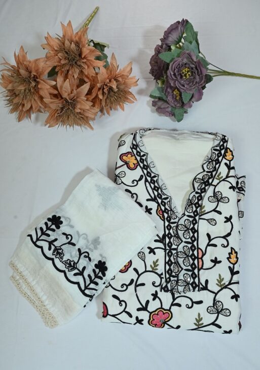 Embroidered white suit with black thread work plane bottom