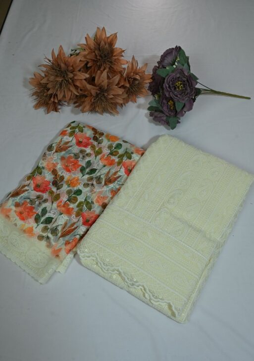 Georgette suit with self embroidery and printed dupatta and plane bottom