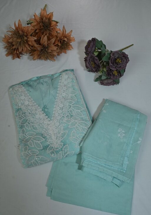 Cotton suit with white lace work plane bottom and embroided dupatta