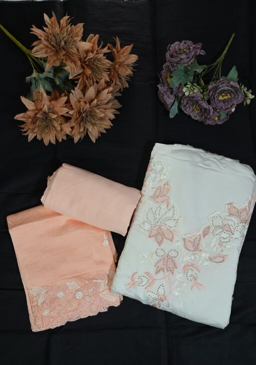 Cotton white suit with peach embroidery and plane bottom and embroided dupatta
