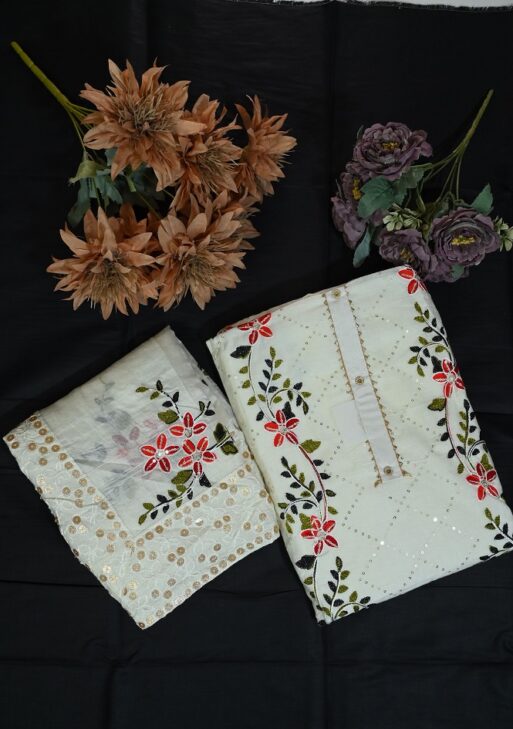 White chanderi cotton suit with multi coloured work and heavy dupatta