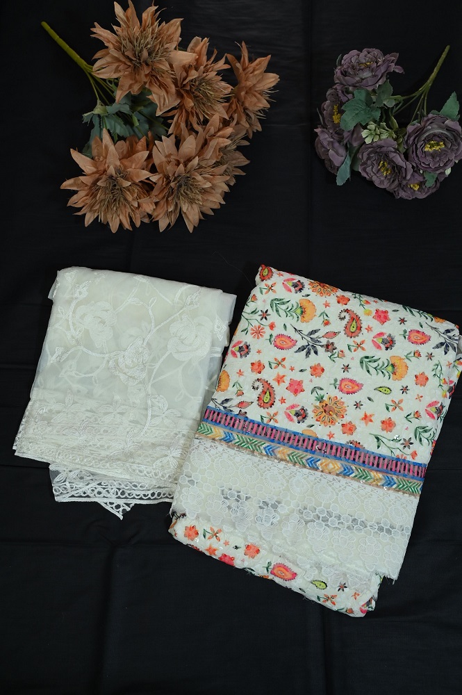 White georgette print with lace work and self embroided dupatta