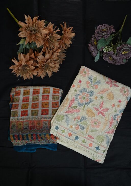 Off white suit with printed dupatta and bottom