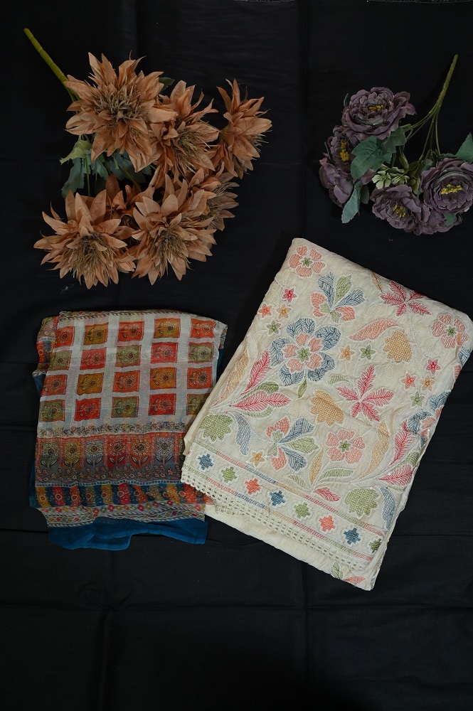 Off white suit with printed dupatta and bottom